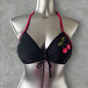 ✅Black & Pink Cherry Halter Bikini Top with Embroidery